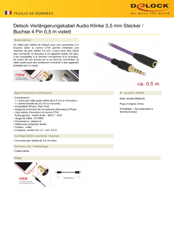 DeLOCK 85622 Verlängerungskabel Audio Klinke 3,5 mm Stecker / Buchse 4 Pin 0,5 m violett Fiche technique | Fixfr