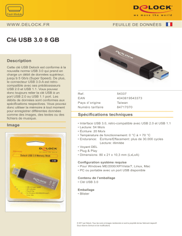 DeLOCK 54337 USB 3.0 memory stick 8 GB Fiche technique | Fixfr