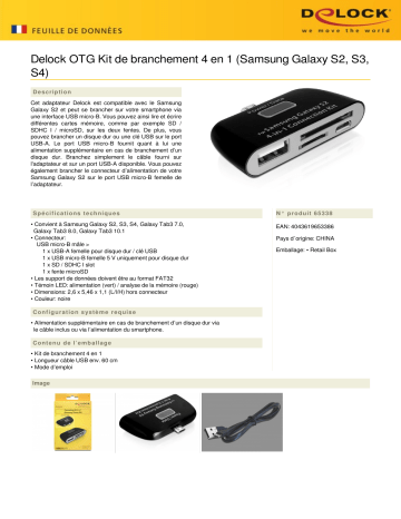 DeLOCK 65338 OTG Connecting Kit 4 in 1 (Samsung Galaxy S2, S3, S4) Fiche technique | Fixfr