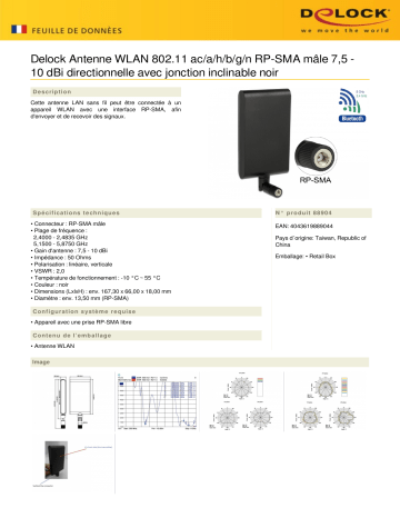 DeLOCK 88904 WLAN 802.11 ac/a/h/b/g/n Antenna RP-SMA plug 7.5 - 10 dBi directional Fiche technique | Fixfr