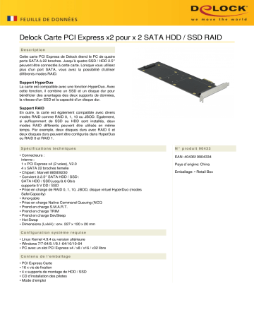 DeLOCK 90433 PCI Express x2 Card for 4 x SATA HDD / SSD RAID Fiche technique | Fixfr