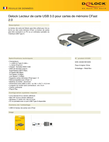 DeLOCK 91525 USB 3.0 Card Reader for CFast 2.0 memory cards Fiche technique | Fixfr