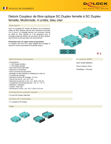 DeLOCK 85997 Optical Fiber Coupler SC Duplex female to SC Duplex female Multi-mode 4 pieces light blue Fiche technique | Fixfr