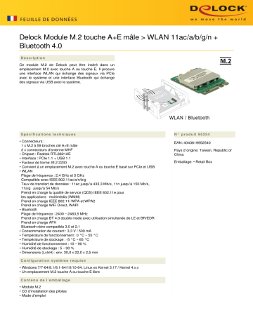 DeLOCK 95254 Module M.2 Key A+E male > WLAN 11ac/a/b/g/n + Bluetooth 4.0 Fiche technique | Fixfr