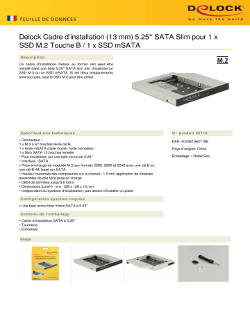 DeLOCK 62718 Slim SATA 5.25″ Installation Frame (13 mm) for 1 x M.2 SSD Key B / 1 x mSATA SSD Fiche technique | Fixfr