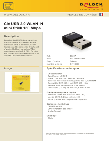 DeLOCK 88537 USB 2.0 WLAN N mini Stick 150 Mbps Fiche technique | Fixfr