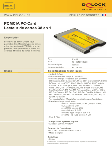 DeLOCK 91403 PCMCIA PC-Card Card Reader 38 in 1 Fiche technique | Fixfr
