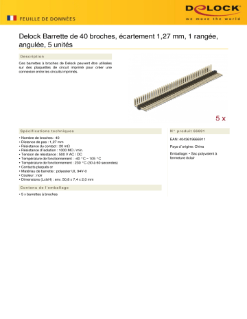 DeLOCK 66691 Pin header 40 pin, pitch 1.27 mm, 1-row, angled, 5 pieces Fiche technique | Fixfr