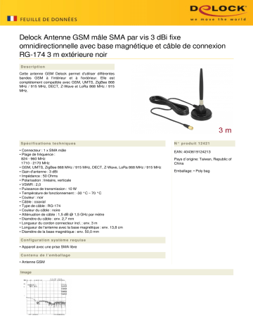 DeLOCK 12421 GSM Antenna SMA plug screw mounting 3 dBi fixed omnidirectional Fiche technique | Fixfr