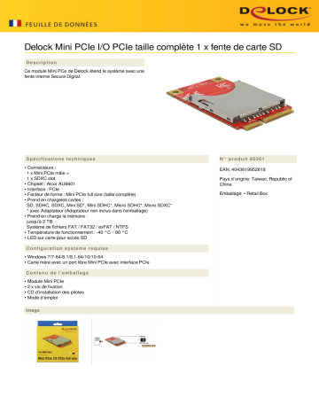 DeLOCK 95261 Mini PCIe I/O PCIe full size 1 x SD Card slot Fiche technique | Fixfr