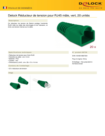 DeLOCK 86726 Strain relief for RJ45 plug green 20 pieces Fiche technique | Fixfr