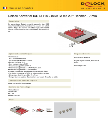 DeLOCK 62495 Konverter IDE 44 Pin > mSATA mit 2.5″ Rahmen - 7 mm Fiche technique | Fixfr