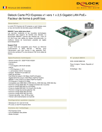 DeLOCK 89019 PCI Express x1 Card to 1 x 2.5 Gigabit LAN PoE+ Low Profile Form Factor  Fiche technique | Fixfr