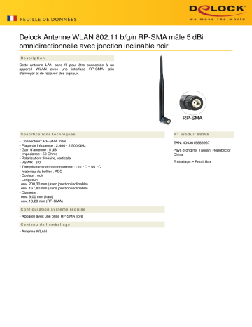 DeLOCK 88396 WLAN 802.11 b/g/n Antenna RP-SMA plug 5 dBi omnidirectional Fiche technique | Fixfr