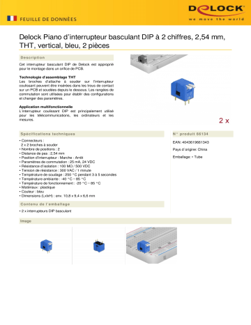 DeLOCK 66134 DIP flip switch piano 2-digit 2.54 mm pitch THT vertical blue 2 pieces Fiche technique | Fixfr