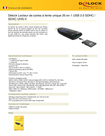 DeLOCK 91484 USB 3.0 SDHC / SDXC UHS-II Single Slot Card Reader 35 in 1 Fiche technique | Fixfr
