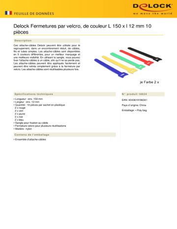 DeLOCK 18634 Hook-and-loop fasteners coloured L 150 x W 12 mm 10 pieces Fiche technique | Fixfr