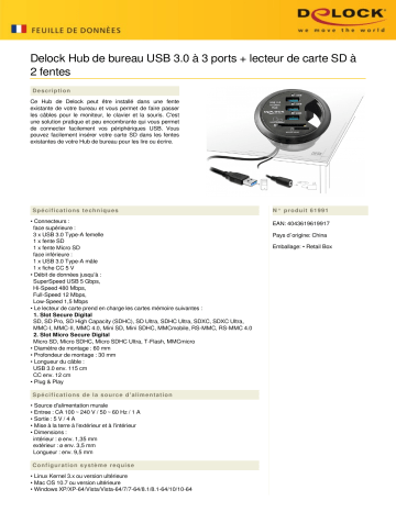 DeLOCK 61991 In-Desk Hub 3 Port USB 3.0 + 2 Slot SD Card Reader Fiche technique | Fixfr