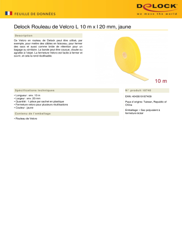 DeLOCK 18740 Velcro tape on roll L 10 m x W 20 mm yellow Fiche technique | Fixfr
