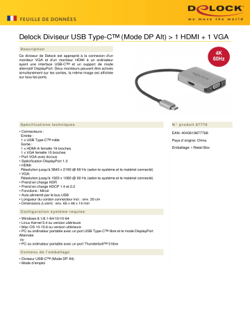 DeLOCK 87776 USB Type-C™ Splitter (DP Alt Mode) > 1 x HDMI + 1 x VGA out Fiche technique | Fixfr