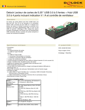 DeLOCK 91494 5.25″ USB 3.0 Card Reader 5 slot + 4 port USB 3.0 Hub incl. V / A indicator and fan control Fiche technique | Fixfr