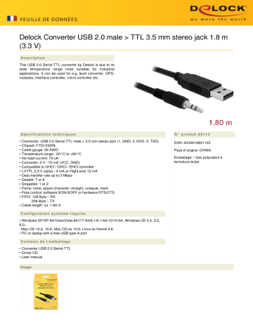 DeLOCK 83114 Converter USB 2.0 male > TTL 3.5 mm stereo jack 1.8 m (3.3 V) Fiche technique | Fixfr