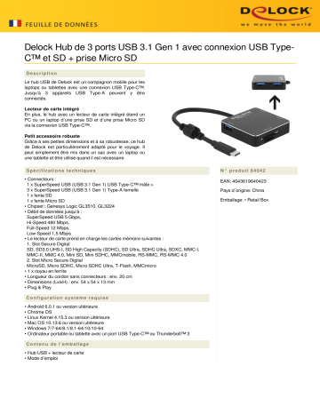 DeLOCK 64042 3 Port USB 3.1 Gen 1 Hub Fiche technique | Fixfr