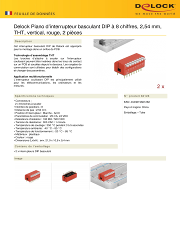 DeLOCK 66128 DIP flip switch piano 8-digit 2.54 mm pitch THT vertical red 2 pieces Fiche technique | Fixfr