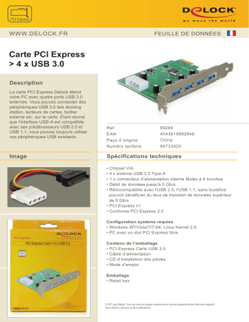 DeLOCK 89284 PCI Express Card > 4 x USB 3.0 Fiche technique | Fixfr
