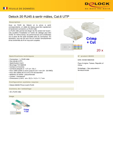 DeLOCK 86453 RJ45 Crimp+Cut Plug Cat.6 UTP 20 pieces Fiche technique | Fixfr