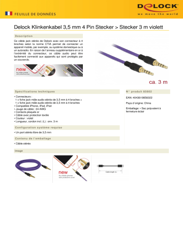 DeLOCK 85602 Klinkenkabel 3,5 mm 4 Pin Stecker > Stecker 3 m violett Fiche technique | Fixfr