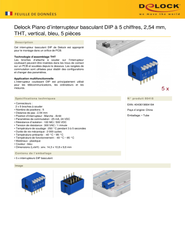 DeLOCK 66418 DIP flip switch piano 5-digit 2.54 mm pitch THT vertical blue 5 pieces Fiche technique | Fixfr