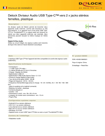 DeLOCK 66563 Audio Splitter USB Type-C™ to 2 x stereo jack female plastic Fiche technique | Fixfr
