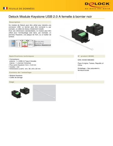 DeLOCK 86386 Keystone module USB 2.0 A female to terminal block black Fiche technique | Fixfr