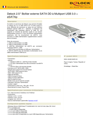 DeLOCK 42514 2.5″ External Enclosure SATA HDD > Multiport USB 3.0 + eSATAp Fiche technique | Fixfr