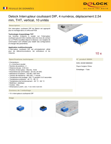 DeLOCK 66094 DIP sliding switch 4-digit 2.54 mm pitch THT vertical blue 10 pieces Fiche technique | Fixfr