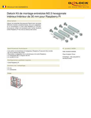 DeLOCK 18220 Mounting Kit M2.5 Spacer hexagon inside/inside 30 mm for Raspberry Pi Fiche technique | Fixfr