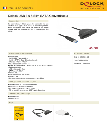 DeLOCK 64048 USB 3.0 to Slim SATA Converter Fiche technique | Fixfr