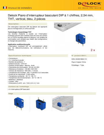 DeLOCK 66411 DIP flip switch piano 1-digit 2.54 mm pitch THT vertical blue 2 pieces Fiche technique | Fixfr