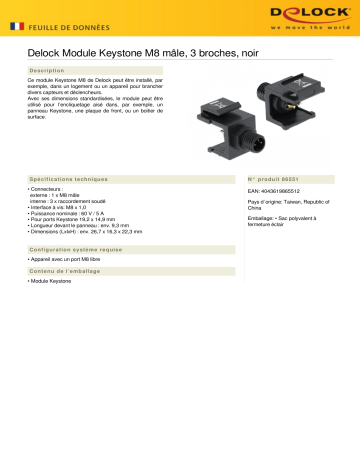 DeLOCK 86551 Keystone Module M8 male 3 pin solder connection black Fiche technique | Fixfr