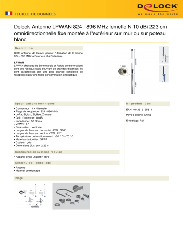 DeLOCK 12581 LPWAN 824 - 896 MHz Antenna N jack 10 dBi 223 cm omnidirectional fixed wall and pole mounting outdoor white Fiche technique | Fixfr