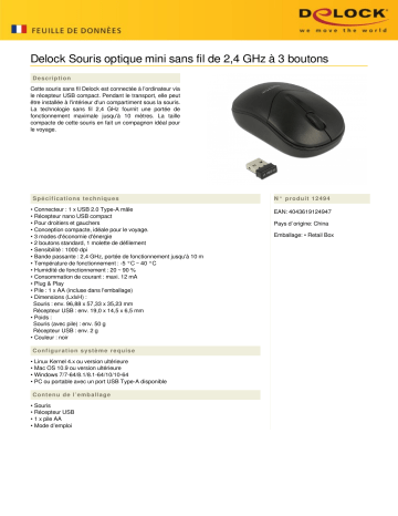 DeLOCK 12494 Optical 3-button mini mouse 2.4 GHz wireless Fiche technique | Fixfr