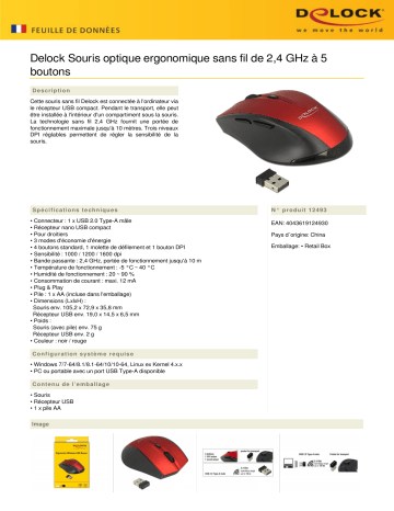 DeLOCK 12493 Ergonomic optical 5-button mouse 2.4 GHz wireless Fiche technique | Fixfr