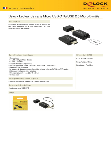 DeLOCK 91738 Micro USB OTG Card Reader USB 2.0 Micro-B male Fiche technique | Fixfr