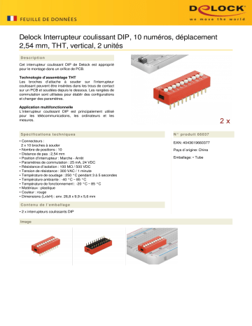 DeLOCK 66037 DIP sliding switch 10-digit 2.54 mm pitch THT vertical red 2 pieces Fiche technique | Fixfr