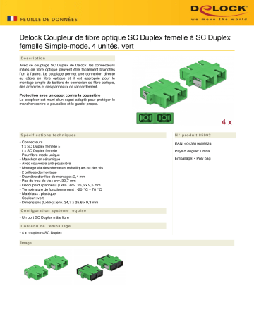 DeLOCK 85992 Optical Fiber Coupler SC Duplex female to SC Duplex female Single-mode 4 pieces green Fiche technique | Fixfr