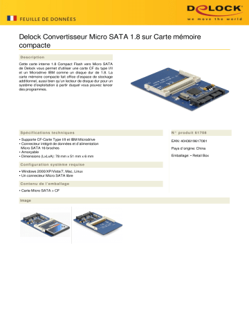 DeLOCK 61708 Converter Micro SATA 1.8 drive to Compact Flash internal Fiche technique | Fixfr