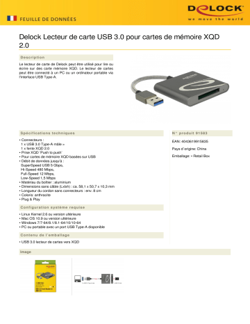 DeLOCK 91583 USB 3.0 Card Reader for XQD 2.0 memory cards Fiche technique | Fixfr