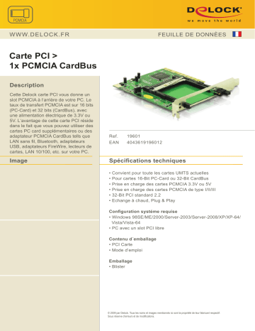 DeLOCK 19601 PCMCIA PCI Card, 1x CardBus Fiche technique | Fixfr