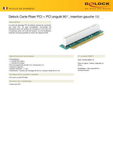DeLOCK 89071 Riser Card PCI > PCI angled 90° left insertion 1U Fiche technique | Fixfr
